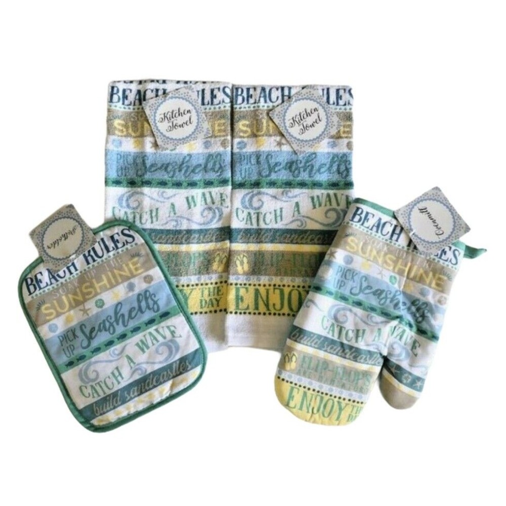 Beach Rules Kitchen Dish Towels Oven Mitt Potholder Set of 4 Beach Summer House